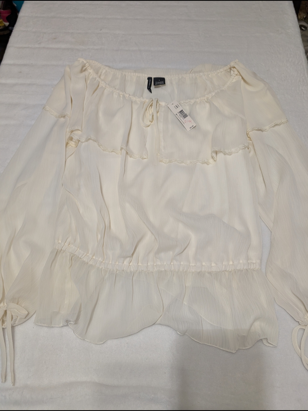 new directions Ivory Off-Shoulder Ruffle Blouse Size L Boho Babydoll